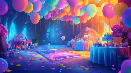 A virtual reality birthday party where the guests interact through avatars in a fantasythemed world, Fantasy, Vivid colors, Digital painting