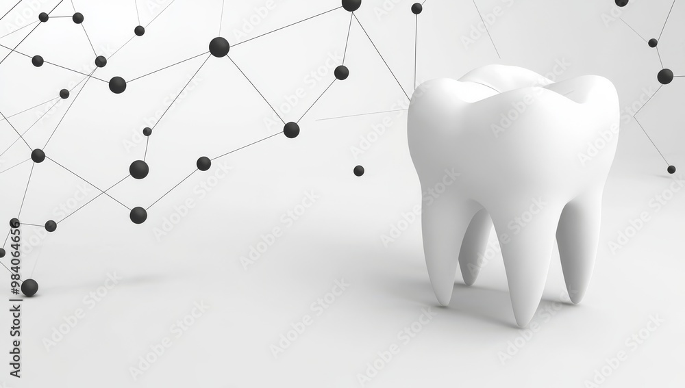 Poster 3d low-poly tooth model made of lines and dots on white background