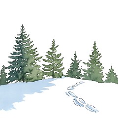 Watercolor Painting of Footprints in the Snow Near Pine Trees.