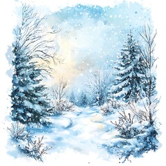 Winter Wonderland Watercolor Painting - Snowy Forest Path with Blue Sky and Falling Snow.