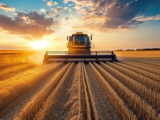 Obraz premium Agricultural combine harvesting on the farming field, beautiful sunset in the background. Agriculture food industry
