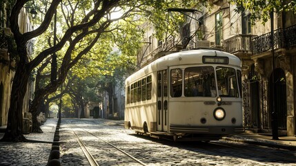 Obraz premium A vintage off-white painted tram moving through a historic district, with cobblestone streets and old trees lining the route