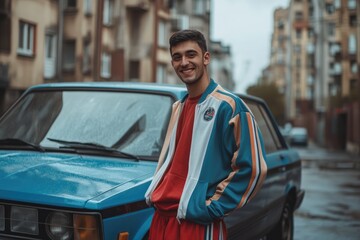 Stylish young man in 80s track suit near car in Poland