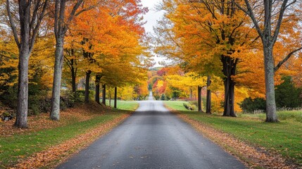 Obraz premium Tall autumn trees with orange and yellow leaves stand along both sides of a quiet driveway Their branches form a natural arch overhead