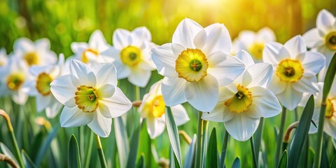 Fototapeta premium Delicate white petals with yellow centers, daffodil-like blooms of Narcissus flowers sway gently in the spring breeze, surrounded by lush green foliage and soft natural light.