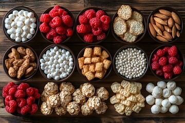 Assorted snacks and nuts in bowls on wooden table: delicious variety of sweets and savory treats
