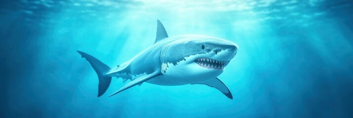 A shark is swimming in the ocean with its mouth wide open