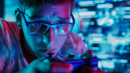 Gamer holding game controller, intensely focused on glowing screen with game reviews and ratings, showcasing passion for gaming and dedication to gaming culture.