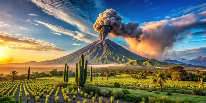 Erupting volcano Paricutin in a lush green landscape, spewing smoke and ash, surrounded by rural farmland and cacti in a serene Mexican afternoon".