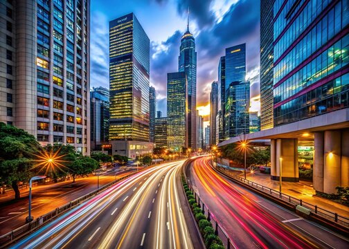Fast-paced city scene at dusk with blurred car lights, neon signs, and towering skyscrapers, capturing the dynamic energy of urban motion and activity.