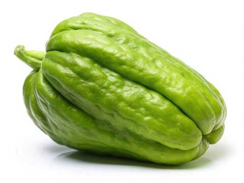 Fresh green chayote fruit, also known as mirliton or christophine, isolated on white background, showcasing its unique shape and vibrant green skin, ripe for cooking.