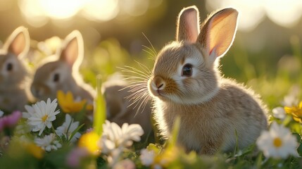 Adorable Baby Rabbit in a Field of Wildflowers