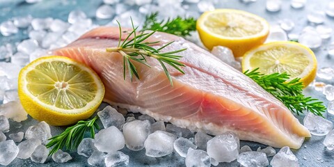 Fresh shark fillet on ice, adorned with crisp lemon wedges and fragrant dill sprigs, awaits its debut as a delectable seafood centerpiece.