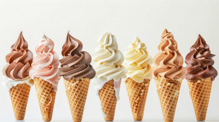 Set of soft chocolate, vanilla and strawberry and assorted ice cream in a waffle cone on a white background