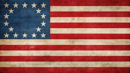 Historic American Revolution-era flag featuring thirteen alternating red and white horizontal stripes and a blue field with thirteen white five-pointed stars.