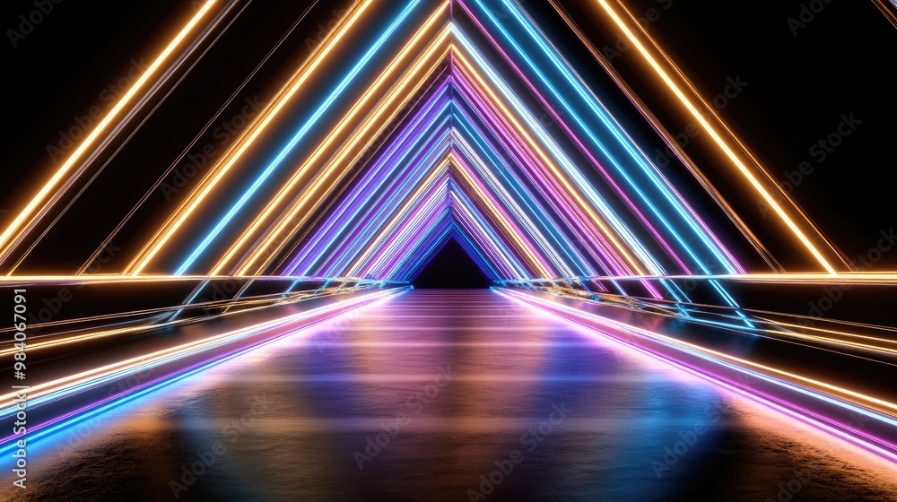 Poster neon triangular light tunnel reflection
