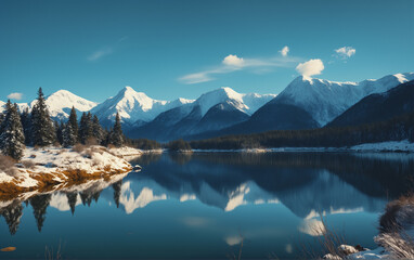 Fototapeta premium Winter landscape: a calm morning on the shore of a mountain lake with a view of snow-capped mountain peaks on the horizon.