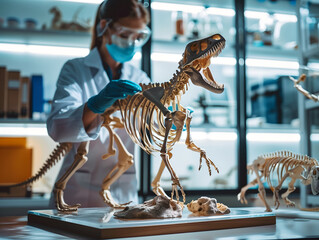 Scientists in the laboratory are studying extinct animal species. An attempt to resurrect fossil animals. Science concept. Big Modern Laboratory. A Scientists carefully examines a dinosaur skeleton.