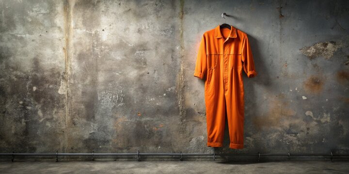 Orange jumpsuit with horizontal stripes, worn and faded, hangs on a rusted metal hanger against a drab, gray concrete background, evoking a sense of confinement.