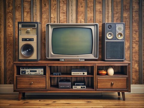 Retro entertainment setup featuring a bulky television set with built-in speakers alongside a vintage video cassette recorder on a wooden living room console.