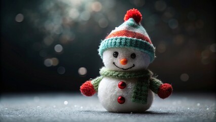 A cute snowman with a colorful knitted hat and scarf stands against a dark festive background with soft glowing bokeh
