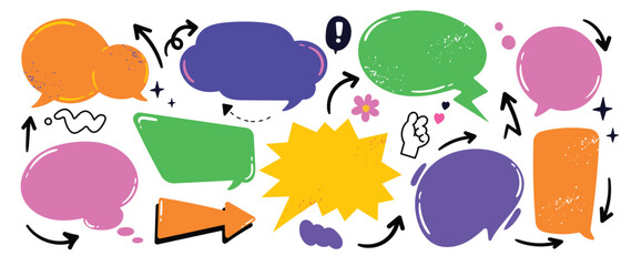 Cute hand drawn arrows and speech bubble vector set.