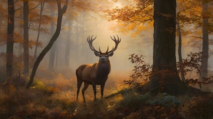 deer in the forest with colorful leaves, orange leaves, majestic animal, autumn in the woods