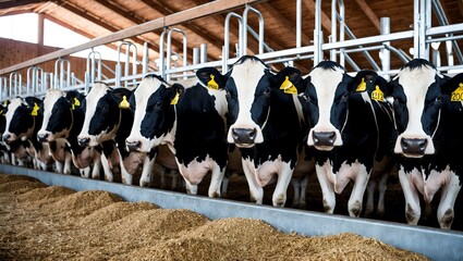 Modern outdoor cowshed at dairy farm with herd of milking Holstein cows eating hay from manger. Ai Generative.