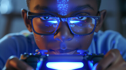 Gamer holding game controller, intensely focused on glowing screen with game reviews and ratings, showcasing passion for gaming and dedication to gaming culture.