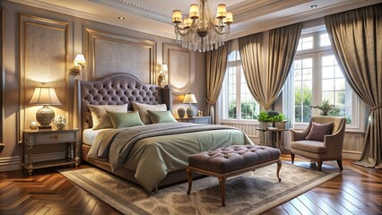 Softly filtered light pours in through elegant curtains, wrapping the cozy bedroom in a warm glow, accompanied by plush bedding and scattered decorative accents.