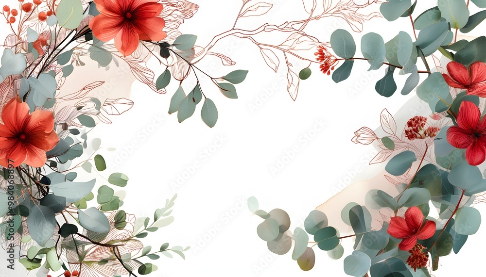 Wall mural elegant hand-drawn floral background featuring botanical line art with flowers, branches, and eucaly