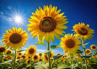 Obraz premium Sunflowers tower above the horizon, their golden petals shining like miniature suns as they stretch towards the radiant blue sky.