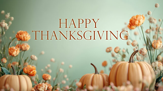 A festive Thanksgiving scene featuring pumpkins and floral decor with a warm "Happy Thanksgiving" message.