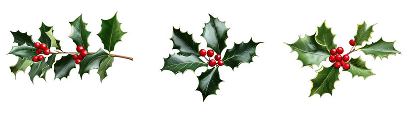 Different Views of Christmas Holly Made of Holly Leaves and Red Berries. Isolated on a Transparent Background. Cutout PNG.