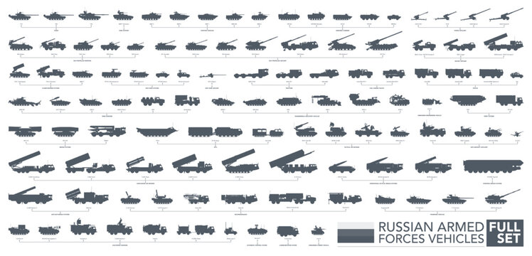 Russian armed forces icon set. Military vehicles silhouette on white background. Vector illustration