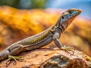 Fototapeta premium The vermilingua lizard stretches out on a rock, its slender body and intricate scales gleaming in the warm sunlight.