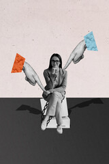 Vertical collage young cheerful businesswoman sit clueless chain tied trapped finger point arm hand...