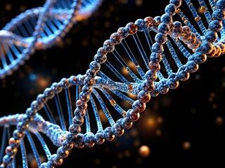Tightly coiled strands of DNA twist together in a double helix structure, its dark and mysterious form illuminated against a black background.