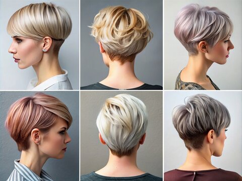 Varied short hairstyles on diverse women, including bobs, pixie cuts, and undercuts, showcased from the back, highlighting texture, layers, and styling variations.