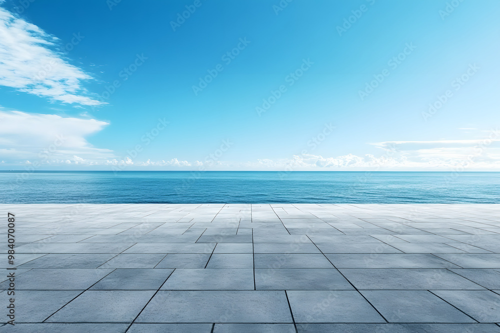 Poster blue sky with empty concrete floor and sea view. vibrant banner with space for copy. horizontal imag