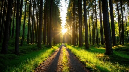 Fototapeta premium Sunlight beams through tall trees, illuminating a forest pathway in the early morning, creating a peaceful and vibrant natural scene..