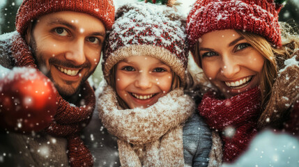A cheerful family portrait in a snowy landscape, with smiles and cozy winter attire, capturing the joy of the season.