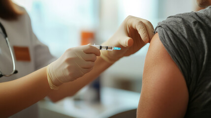 A healthcare professional administers a vaccine to a patient's arm, emphasizing the importance of immunization and health safety.