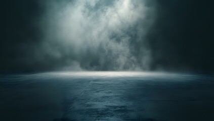 A dark, moody, abstract background with a blue surface, green mist, and a soft glow.