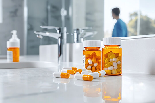 scattered pill bottles on a bathroom counter, man with depression, anxiety and mental health problems, morphine addiction