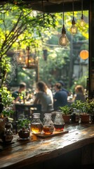 A cozy cafe scene with glass jars on a rustic table, surrounded by lush greenery and a relaxed atmosphere of social gatherings.