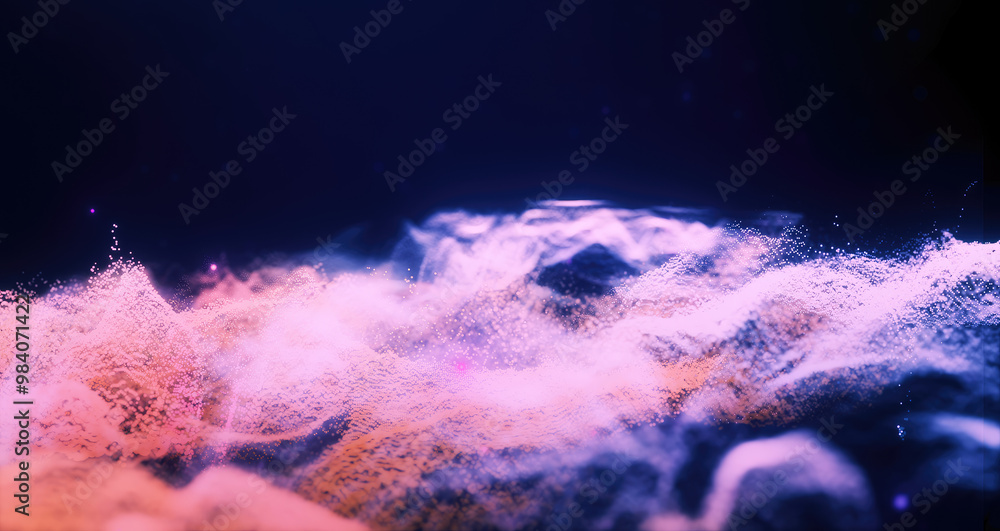 Poster abstract moving futuristic landscape of particles and dots of energy magic with glow and blur effect