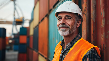 A confident worker stands among shipping containers at a port during the day, showcasing dedication to maritime logistics and safety protocols