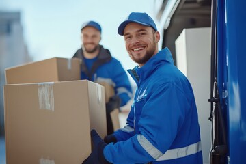 A friendly delivery worker in a blue uniform, smiling as he loads large cardboard boxes