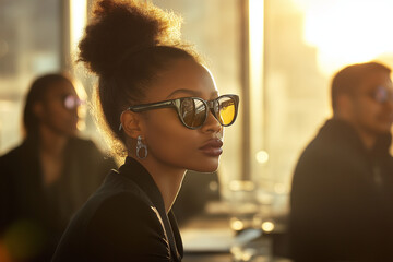 a group of young and beautiful black business women working in an sunny office